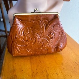 Vintage 40s Style Clutch Purse | Tooled Leather | Brown | Floral | Patricia Nash